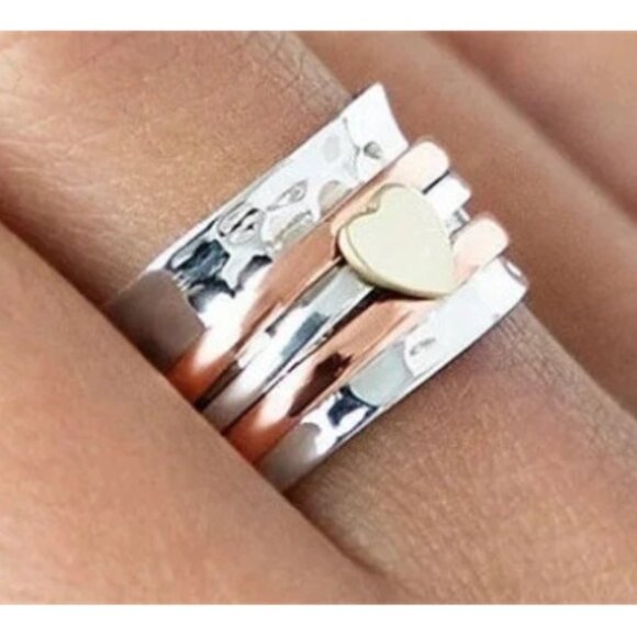 Boho Chic Chunky Bohemian Three Tone Wide Band Ring - Silver Electro-Plated - Picture 1 of 3